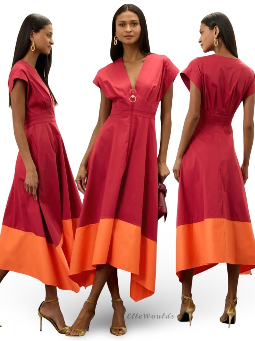 Roksanda Colorblock Midi Red Orange Designer Statement Dress Size 14 $410 Retail